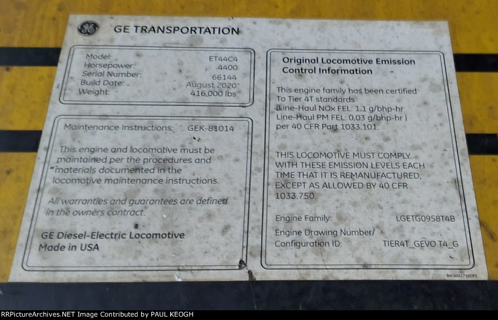 BNSF 3680's GE Data Plate.